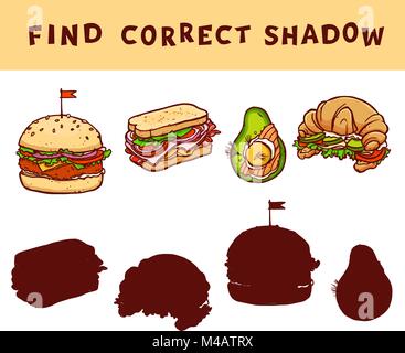 Corrispondere l'ombra gioco educativo per i bambini. Vettore di attività di apprendimento con illustrazioni di cibo. Illustrazione Vettoriale