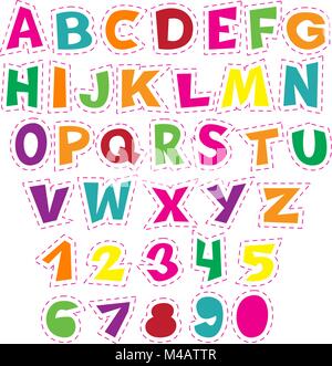 Colorato alfabeto di cartoni animati per i bambini. Vettore collezione didattica di lettere e numeri. Illustrazione Vettoriale