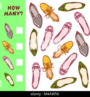 Come molte scarpe. Bambini gioco di conteggio. Vettore di attività di apprendimento per i bambini. Illustrazione Vettoriale