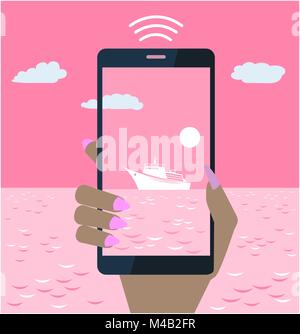 Mano femmina con un telefono cellulare invio di foto da estate mare vacanze, tramonto sul mare Illustrazione Vettoriale