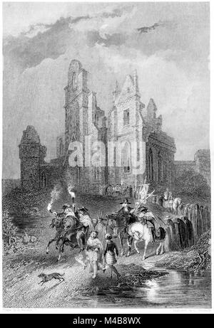 Una incisione di Arbroath Abbey raffigurante una processione funebre dal priorato di St Ruth scansionati ad alta risoluzione da un libro stampato nel 1833. Foto Stock
