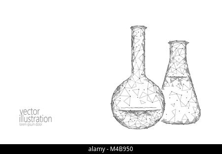 Bassa poli scienza chimica palloni di vetro. Equipaggiamento magico triangolo poligonale bianco grigio monocromatico ricerca astratta tecnologia futura medicina business concetto illustrazione vettoriale Illustrazione Vettoriale