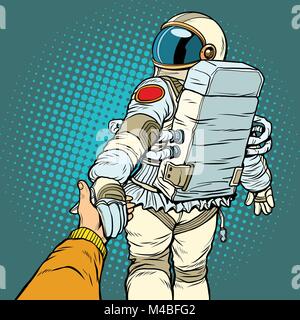 Astronauta viaggi nello spazio follow me concetto, giovane amore conduce a mano. La Pop art retrò illustrazione vettoriale comic cartoon vector vintage kitsch disegno Illustrazione Vettoriale