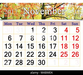 Calendario per il mese di novembre 2017 con foglie di giallo in posizione di parcheggio Foto Stock