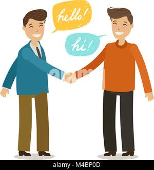 Handshake, stringono le mani, il concetto di amicizia. Le persone felici agitare le mani nel messaggio di saluto. Fumetto illustrazione vettoriale in stile piatto Illustrazione Vettoriale