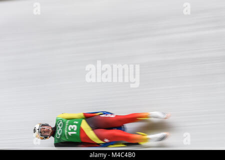 Pyeongchang, Corea del Sud. 15 Feb, 2018. Johannes Ludwig di Â Germania concorrenti nel team di slittino Staffetta presso Olympic Centro di scorrimento a Pyeongchang, Corea del Sud. Ulrik Pedersen/CSM/Alamy Live News Foto Stock