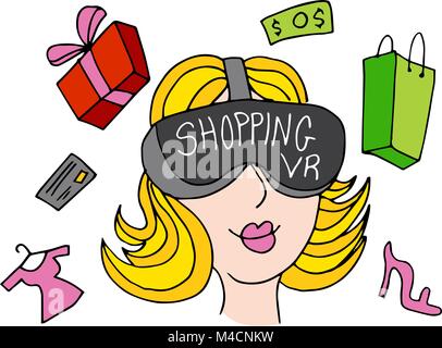 Una immagine di una realtà virtuale Shopping ragazza. Illustrazione Vettoriale