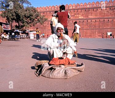 Il serpente incantatore allettante serpenti cobra fuori i loro cestini di vimini al di fuori della Red Fort, Delhi, Delhi il territorio dell' Unione, India. Foto Stock