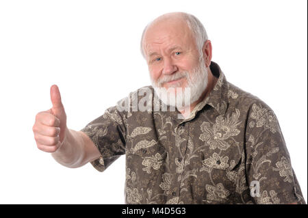 Senior uomo mostra Thumbs up gesto isolato su bianco Foto Stock