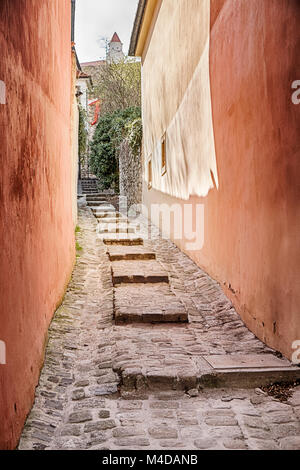 Uno stretto vicolo con gradini in pietra si arrampica su di una collina che conduce verso il castello di Bratislava in Slovacchia. Foto Stock