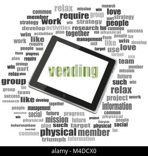 Distributore automatico di testo. Il concetto di business . Tablet PC. Parola collage cloud Foto Stock