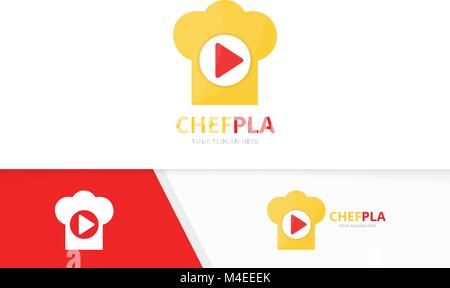 Pulsante di vettore di giocare e lo chef hat combinazione di logo. Registrare e cucina di simbolo o icona. Guida unica e cuocere logotipo di modello di progettazione. Illustrazione Vettoriale