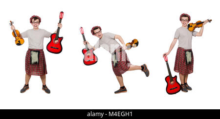 Funny scozzese con lo strumento musicale isolato su bianco Foto Stock