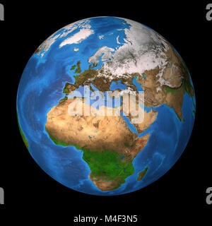 Realistico vista satellitare del pianeta Terra ad alta risoluzione, incentrata sull'Europa, Africa e Asia. 3D'illustrazione, isolato su nero. Gli elementi di questo Foto Stock