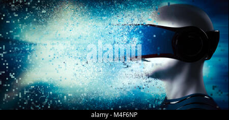 In realtà virtuale. Uomo che indossa goggle auricolare. Foto Stock