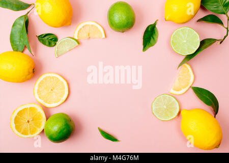 Lay piatto di agrumi come lime e limone con limone lascia sulla luce sfondo rosa facendo un telaio Foto Stock