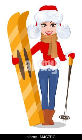 Bella donna di abbigliamento invernale tenendo gli sci. Sorridenti personaggio dei fumetti. Illustrazione Vettoriale Illustrazione Vettoriale