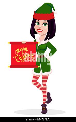 Auguri di Buon Natale. Elf donna holding scorrere con i messaggi di saluto. Sorridenti personaggio dei fumetti. Illustrazione Vettoriale su sfondo bianco Illustrazione Vettoriale