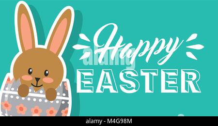 Carino coniglio marrone in uova rotte felice Pasqua banner orizzontale Illustrazione Vettoriale