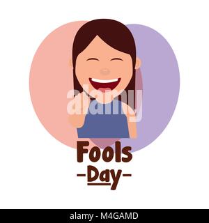 Cartoon ridendo donna gesto di puntamento fools day Illustrazione Vettoriale