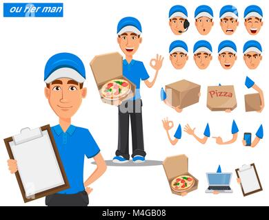 Set di consegna sorridente uomo in uniforme blu, set di costruzione con emozioni diverse, parti del corpo e le cose. Illustrazione Vettoriale su sfondo bianco. Illustrazione Vettoriale