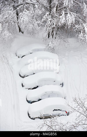 Vetture sotto la neve dopo la nevicata nel giorno di inverno Foto Stock