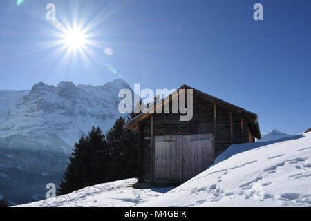 Vecchia baita in legno di fronte a Eiger in inverno, Svizzera Foto Stock