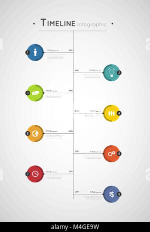 Timeline colorato modello infografico con cerchi e icone Illustrazione Vettoriale