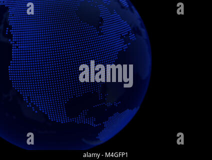 Punto Blu Globo mondo Mappa del Nord America su sfondo scuro. Foto Stock