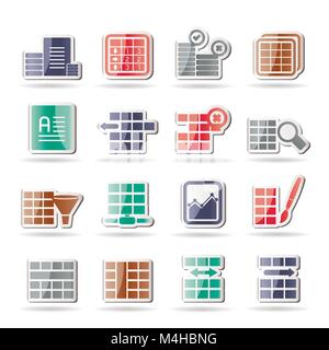 Database e formattazione Tabella icone - Vettore icona impostare Illustrazione Vettoriale