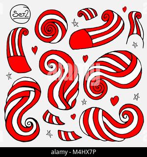 Un set di vintage decorativo artistico gli elementi grafici in uno stile casual. Stilizzata ali arcuate, volute, spirali, alette, stelle e cuori. Tema fiabesco in rosso e bianco. Illustrazione Vettoriale. Illustrazione Vettoriale