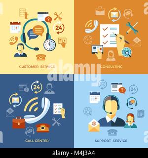 Digital call center di assistenza clienti e di colore degli oggetti semplice piatto il set di icone di raccolta, isolato Illustrazione Vettoriale