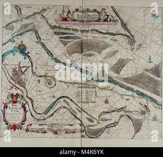 Atlas Maritimus è un libro marittimo storico che illustra le coste, i promontori, le sabbie, i banchi, le rocce del worldâ, pericoli, baie, strade, porti, fiumi, e porte. Copre parti conosciute del mondo e funge da riferimento essenziale per la navigazione marittima. Foto Stock