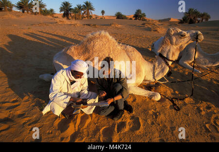 In Algeria. Taghit Tarit o. Western mare di sabbia. Grand Erg Occidental. Deserto del Sahara. Beduina nomade, con tourist guardando la mappa con il cammello. Foto Stock