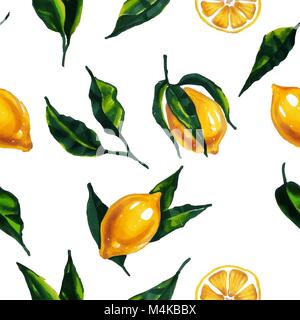 Acquerello seamless pattern con limone e foglie. Illustrazione Vettoriale. Illustrazione Vettoriale