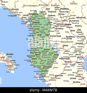 Mappa di Albania. Mostra i confini, zone urbane, nomi di località e strade. Le etichette in inglese dove possibile. Proiezione: proiezione di Mercatore. Illustrazione Vettoriale