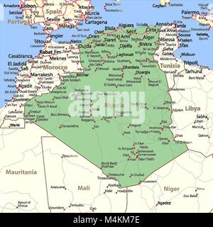 Mappa di Algeria. Mostra i confini, nomi di località e strade. Le etichette in inglese dove possibile. Proiezione: proiezione di Mercatore. Illustrazione Vettoriale