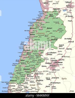 Mappa di Libano. Mostra i confini, zone urbane, nomi di località e strade. Le etichette in inglese dove possibile. Proiezione: proiezione di Mercatore. Illustrazione Vettoriale