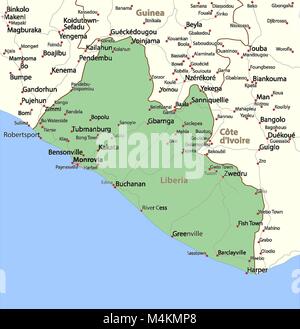 Mappa della Liberia. Mostra i confini, zone urbane, nomi di località e strade. Le etichette in inglese dove possibile. Proiezione: proiezione di Mercatore. Illustrazione Vettoriale