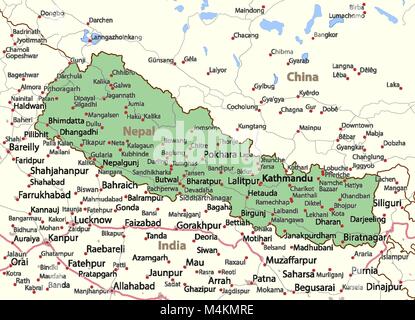 Mappa di Nepal. Mostra i confini, zone urbane, nomi di località e strade. Le etichette in inglese dove possibile. Proiezione: proiezione di Mercatore. Illustrazione Vettoriale