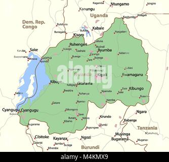 Mappa di Ruanda. Mostra i confini, zone urbane, nomi di località e strade. Le etichette in inglese dove possibile. Proiezione: proiezione di Mercatore. Illustrazione Vettoriale