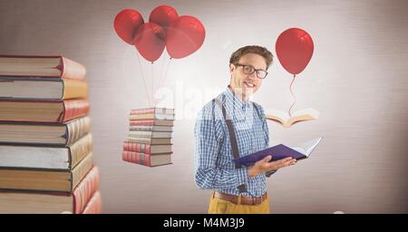 Uomo che indossa occhiali con floating libri su palloncini surreale Foto Stock