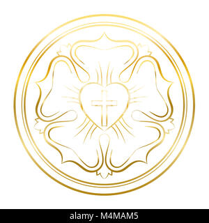 Lutero simbolo di rose. Illustrazione d'oro su sfondo bianco. Martin Lutero - una guarnizione, simbolo del luteranesimo, costituito da una croce, cuore, rose, anello. Foto Stock