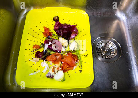 Vista del piatto di plastica in un lavello pieno di bio domestici rifiuti alimentari, pronto per il compostaggio, alimenti naturali il concetto di riciclaggio Foto Stock