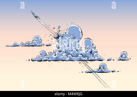Lancio di un razzo cartoon vola attraverso le nuvole. Illustrazione Vettoriale