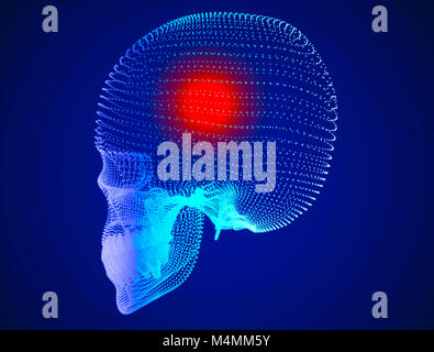 Cranio, dolore, mal di testa, neuroni e sinapsi, rete neurale, il cervello, il neurone circuito, malattie degenerative, il morbo di Parkinson. Il rendering 3D Foto Stock