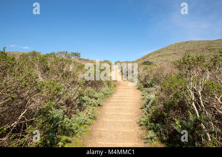 Gradini ripidi in salita che conduce verso un cielo blu. Scrub ruvida confinanti con il percorso. Rappresenta una strada in salita con il blu del cielo davanti. Foto Stock