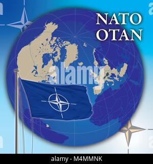 Organizzazione della Nato bandiera e la mappa del globo, illustrazione vettoriale Illustrazione Vettoriale