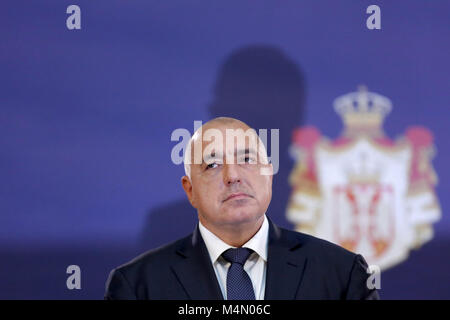 A Belgrado, in Serbia - 9 Dicembre 2017: Primo ministro bulgaro Boyko Borissov parla ai media nel corso di una conferenza stampa durante i leader regionali meeti Foto Stock