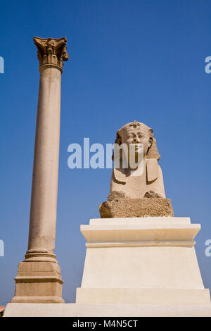 La colonna di Pompeo e una sfinge in Alessandria, Egitto Foto Stock
